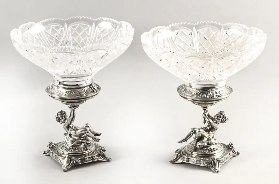 Antique Pair English Victorian Silver Plate & Cut Glass Centrepieces