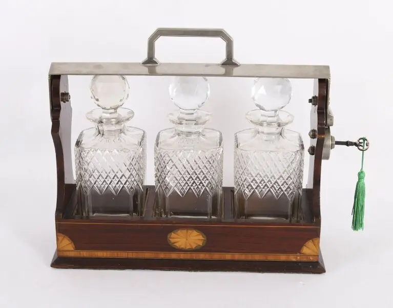 Antique Inlaid Walnut Three Cut Crystal Decanter Tantalus C1870 19th C
