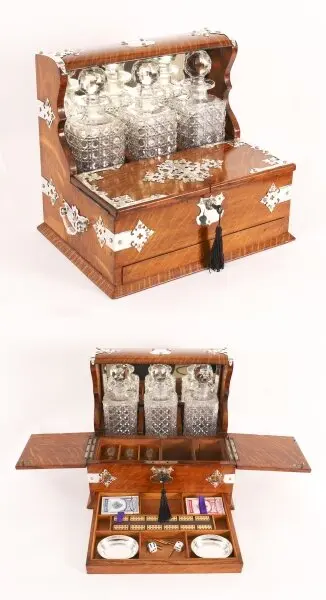 Antique Blonde Oak Tantalus 3 Decanter Dry Bar Games Compendium 19th C