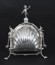 Antique Silver Plate Triple Shell Shaped Biscuit Box Circa 1900