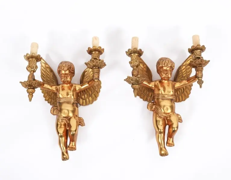 Antique Pair Italian Two Branch Cherub Ormolu Wall Lights C1880 19th C