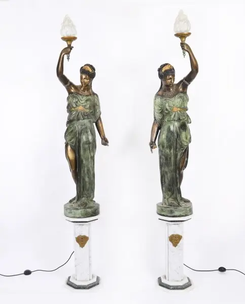 Antique Pair Large 7ft Bronze Libertas Figural Torcheres Lamps F. De Luca C1910