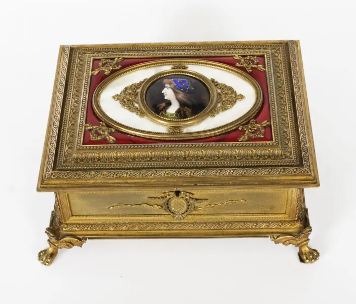 Antique Gilt Bronze Jewellery Casket & Limoges Miniature c.1870 19th Century
