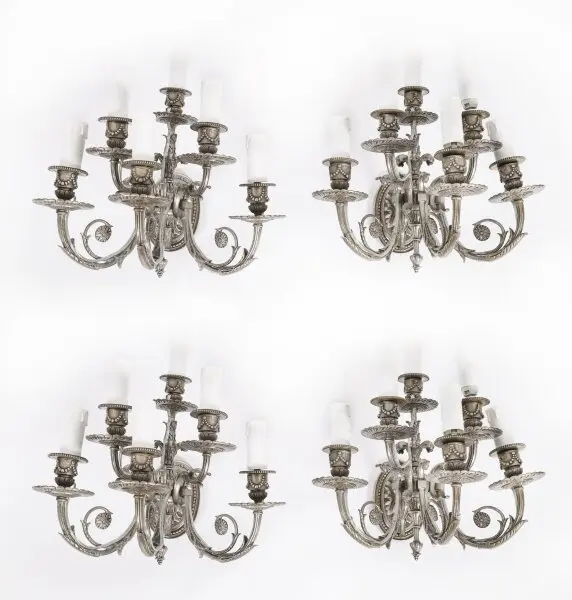 Antique Set 4 Louis VI Revival Silver Plated Six Branch Wall Lights 20th C