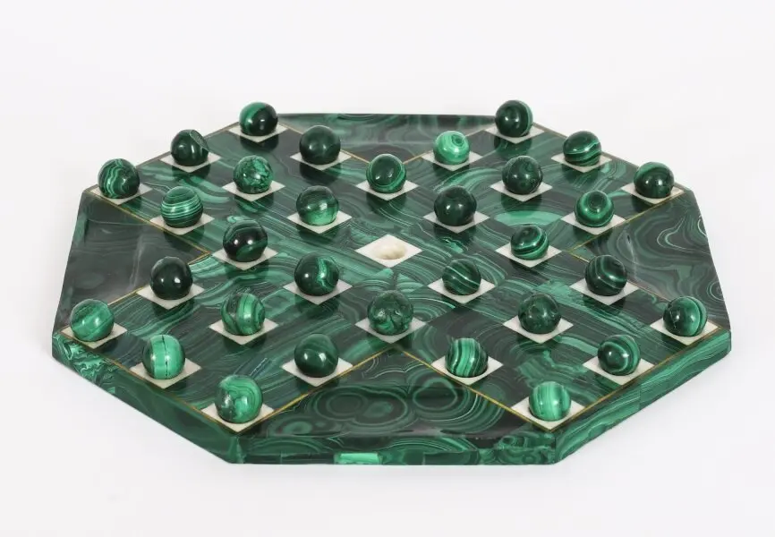 Antique Art Deco Malachite Solitaire Board & Marbles C1930