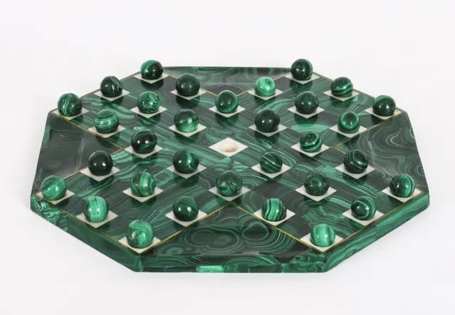 Antique Art Deco Malachite Solitaire Board & Marbles C1930