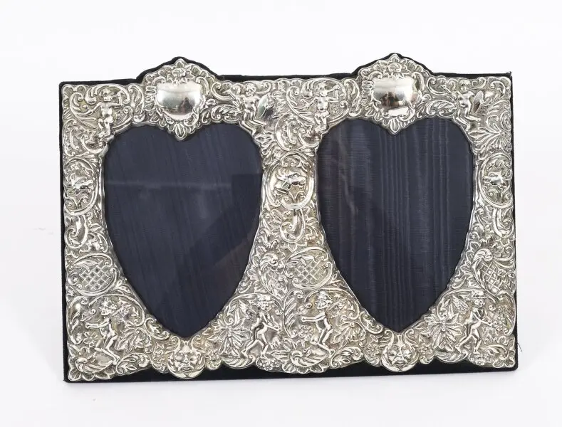 Antique Heart Shaped Double Sterling Silver Photo Frame 27 x 37 cm