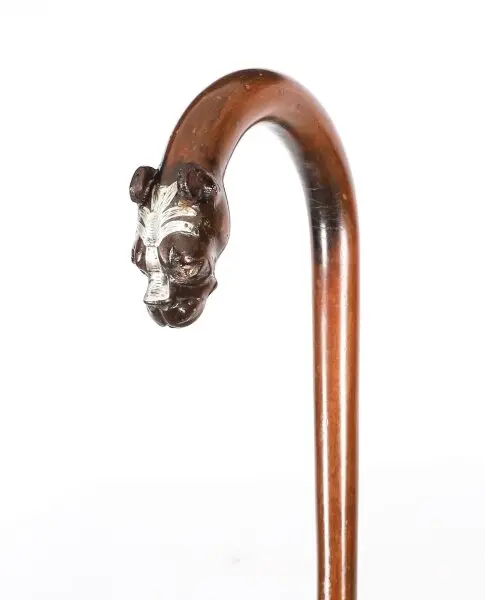 Antique French Boxer Dogs Head Walking Cane Stick 19th Century 91cm/36"