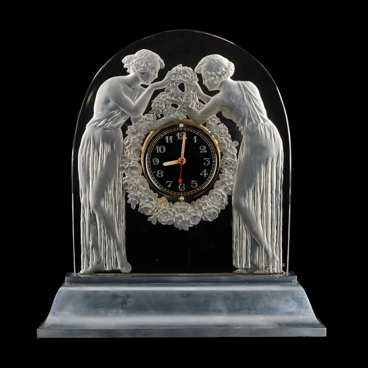 RENÉ LALIQUE (FRENCH, 1860–1945) A 'DEUX FIGURINES' MANTEL CLOCK, DESIGNED 1926