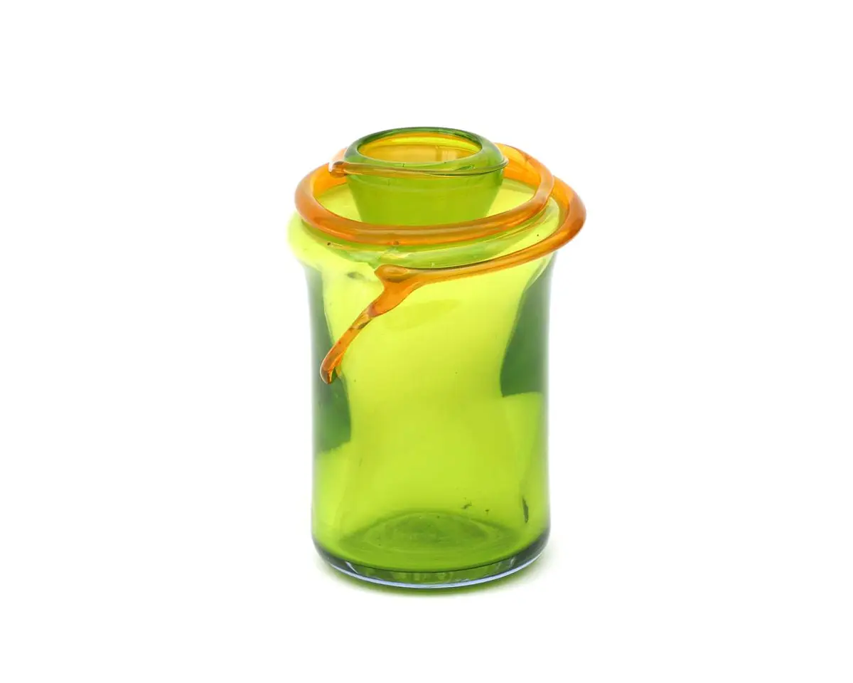 A green glass vase wrapped in orange glass thread, 21st century