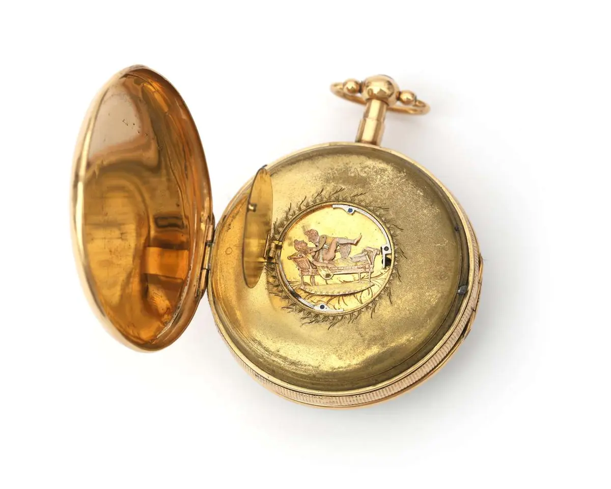 A 14-carat yellow gold Lepine pocket watch with an erotic automaton
