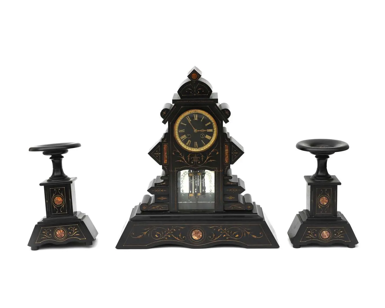 A three-piece mantelpiece clock set, mid-19th century