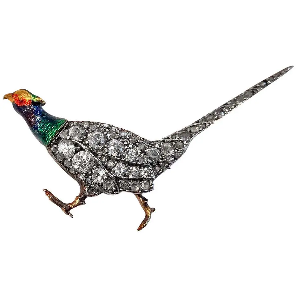 Antique Enamel and Diamond Pheasant Brooch, English, circa 1880