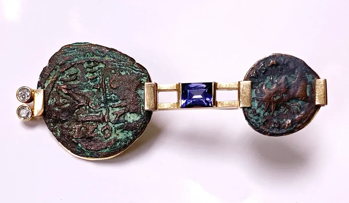 14K Gold Diamond ancient coin Brooch pin