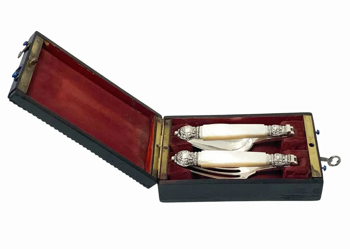 Antique French antique silver mop travel folding fork and spoon original box