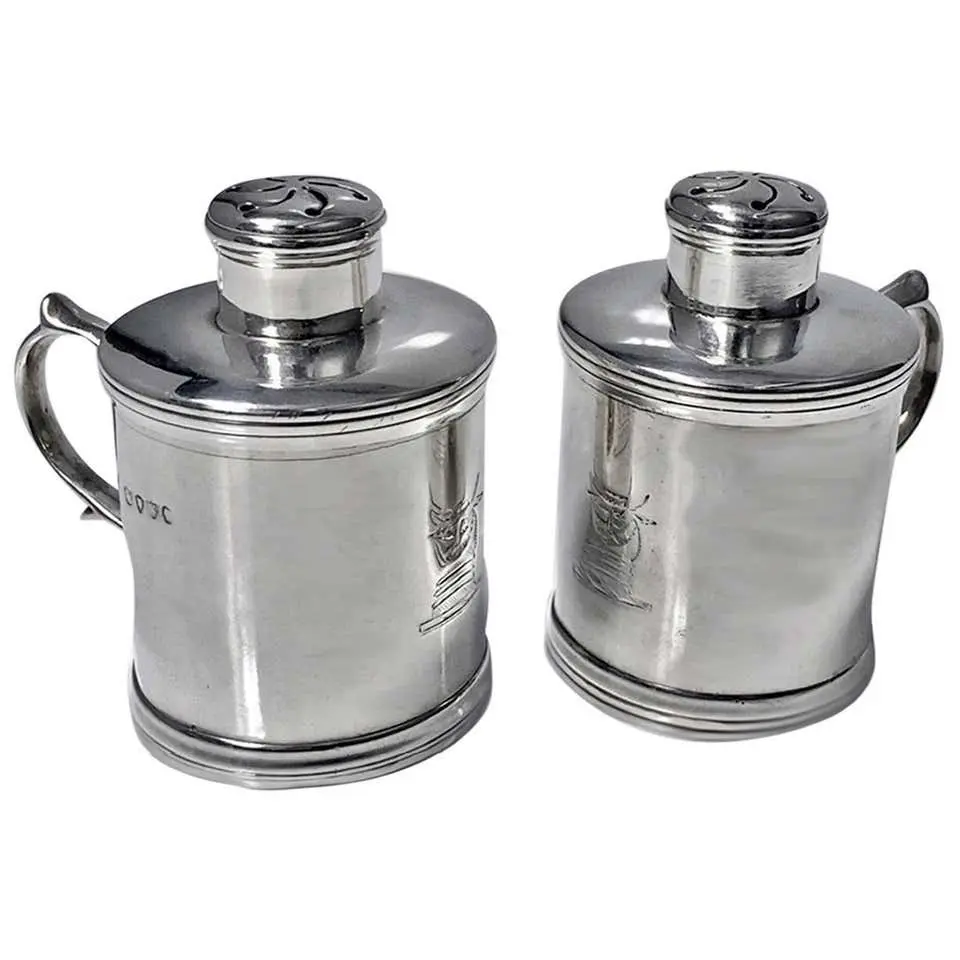 Miniature Silver Tankard Peppers Casters, M. Goldstein London, 1885
