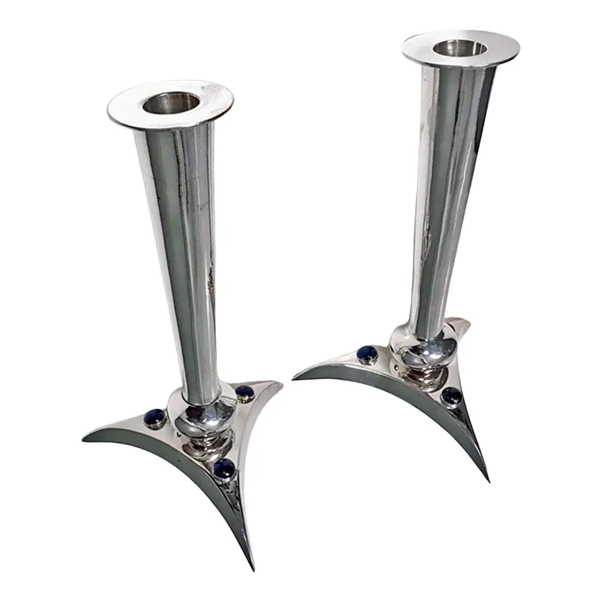 Mid-Century Candlesticks Modernist Lapis Lazuli and silvered circa 1970