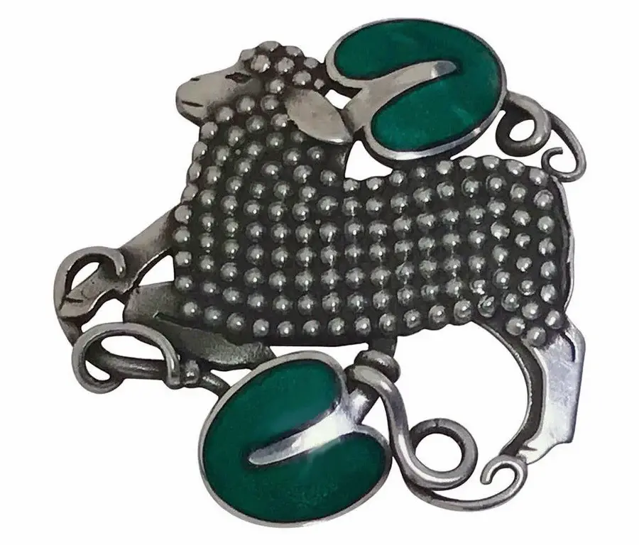 Georg Jensen Sterling Enamel Lamb Brooch, Denmark, circa 1942