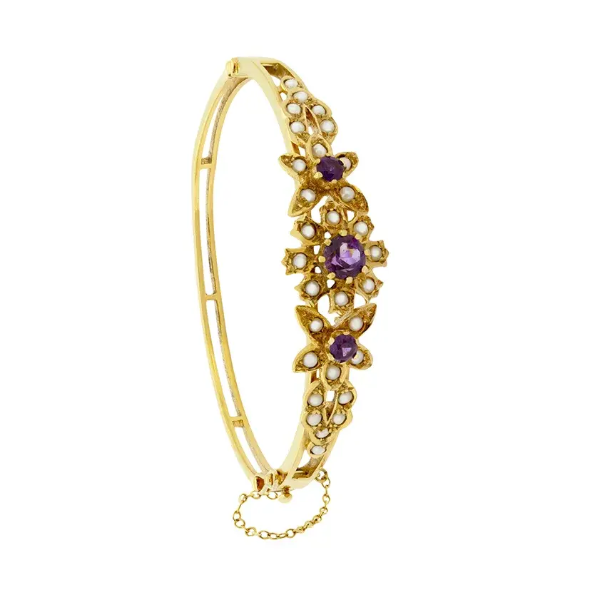 Vintage 1.30ct Amethyst and Pearl bangle, hallmarked 1975