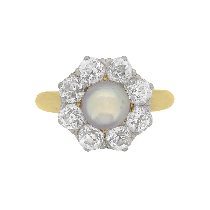 Late Victorian Natural Pearl and Diamond Cluster Ring, c.1910