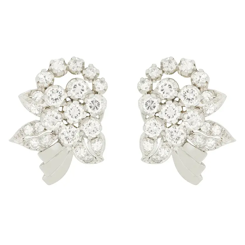 Late Deco 3.30ct Diamond Cluster Earrings, c.1940s