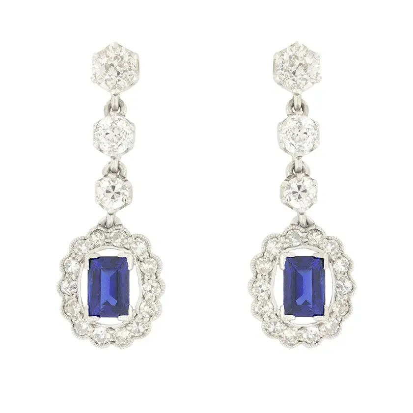 Art Deco 1.00ct Sapphire and Diamond Drop Earrings, c.1920s