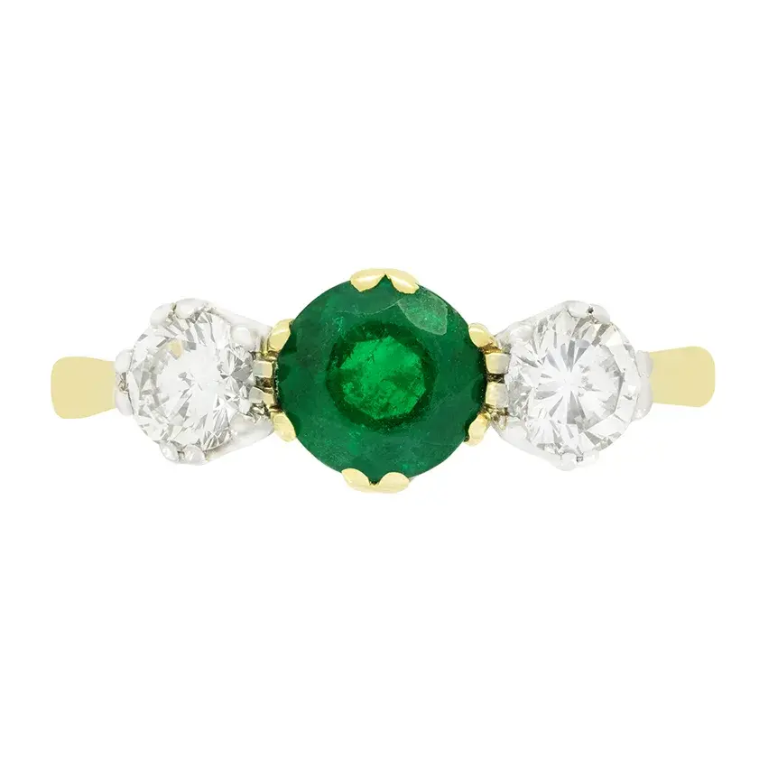Vintage 0.80ct Emerald and Diamond Three Stone Ring, hallmarked 1986