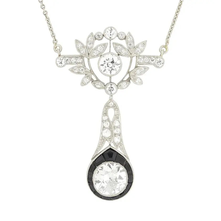 Art Deco 1.65ct Diamond and Onyx Drop Pendant Necklace, c.1920s