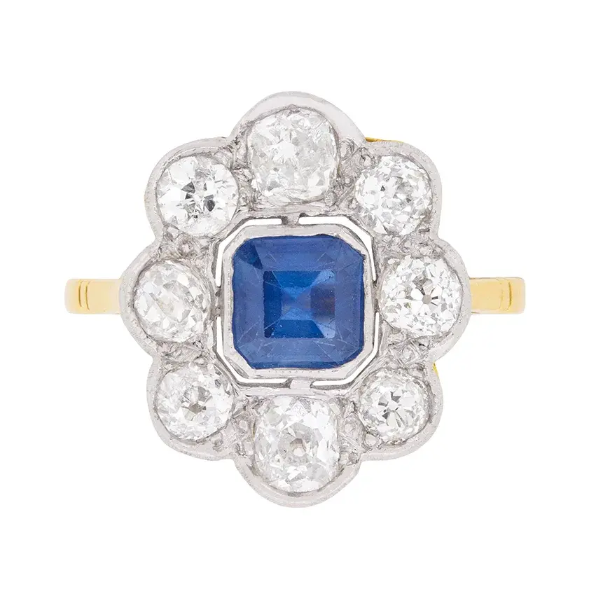 Art Deco Asscher Cut Sapphire and Diamond Ring, c.1920s