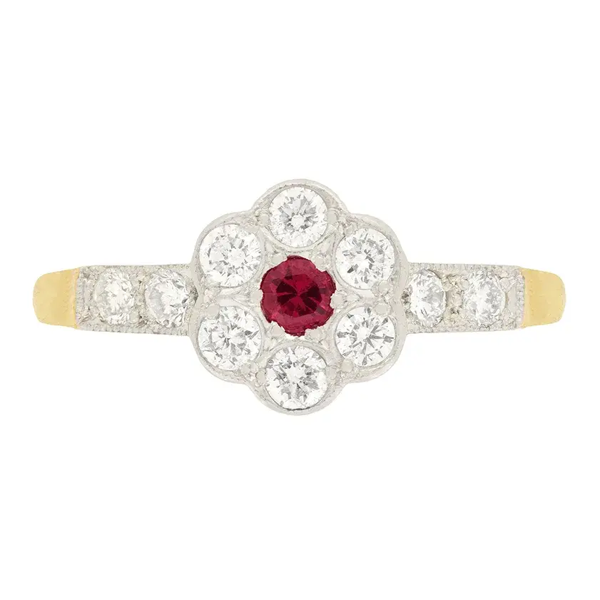 Late Deco 0.10ct Ruby and Diamond Daisy Cluster Ring, c.1930s