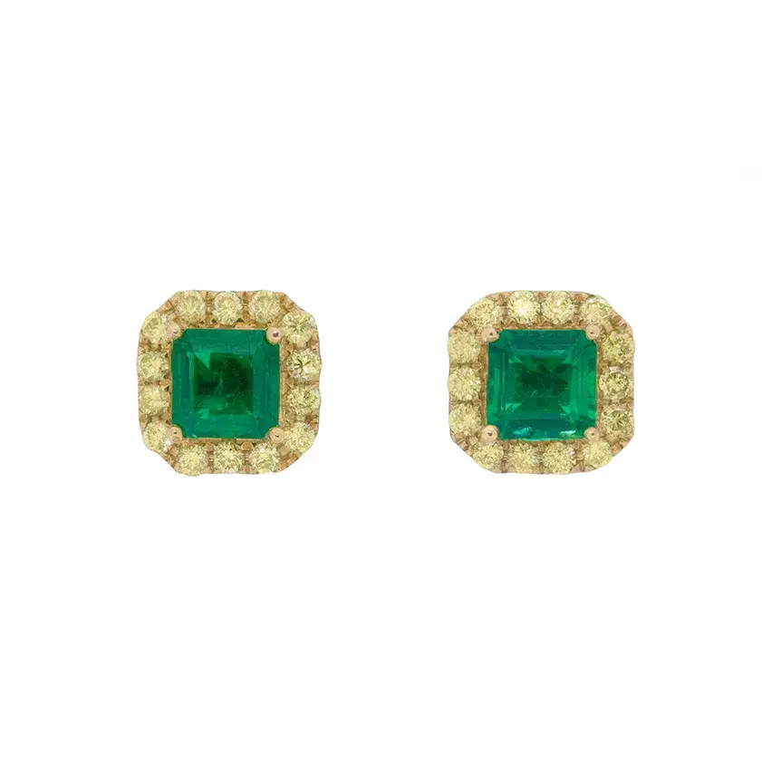 Contemporary 1.29ct Emerald and Fancy Yellow Diamond Earrings