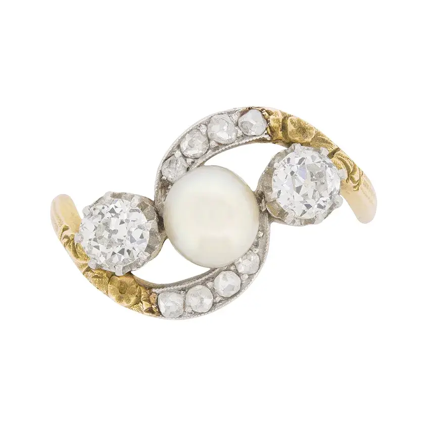Victorian Diamond and Pearl Crossover Ring with Set Shoulders, c.1890s