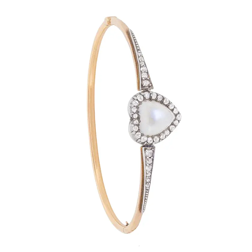 Victorian Heart Moonstone and Diamond Bangle, c.1880s