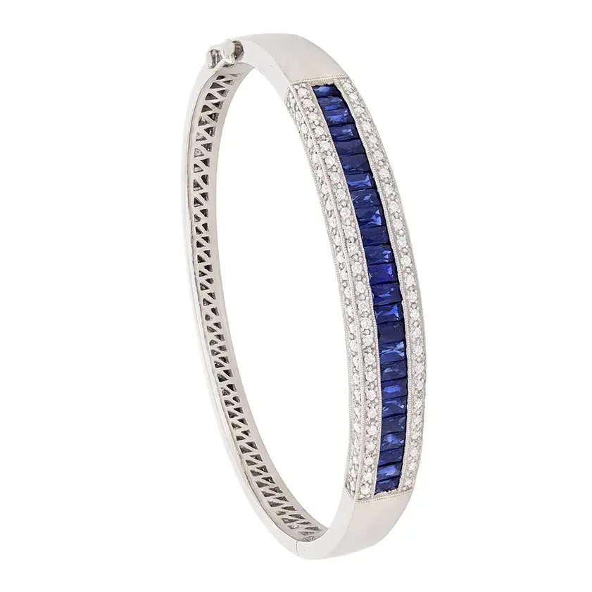 Contemporary 3.20ct French Cut Sapphire and Diamond Bangle