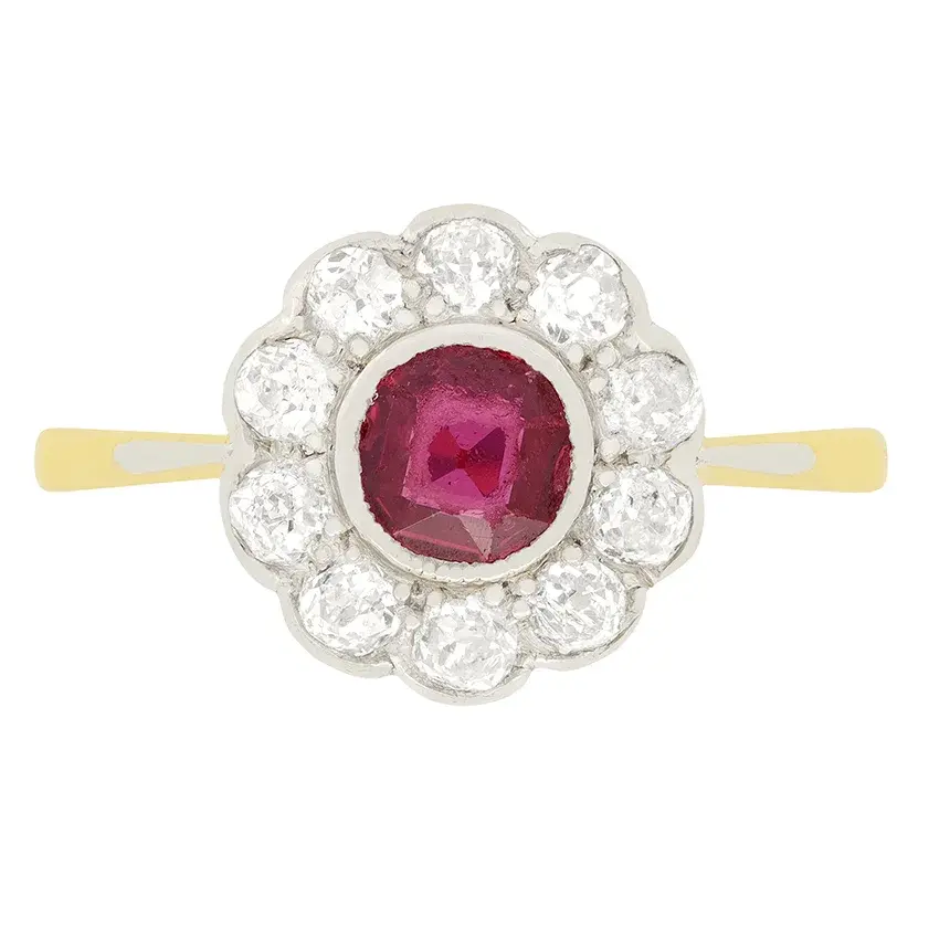 Edwardian 0.50ct Ruby and Diamond Daisy Cluster Ring, c.1910s