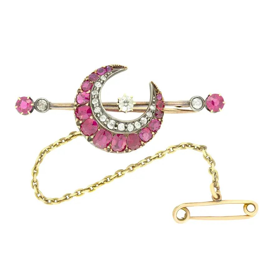 Victorian 2.60ct Ruby and Diamond Crescent Moon Brooch, c.1880s