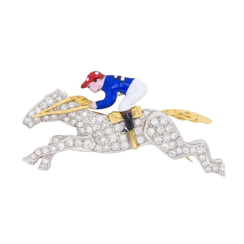 Vintage Diamond Horse with Jockey Brooch, c.1950s