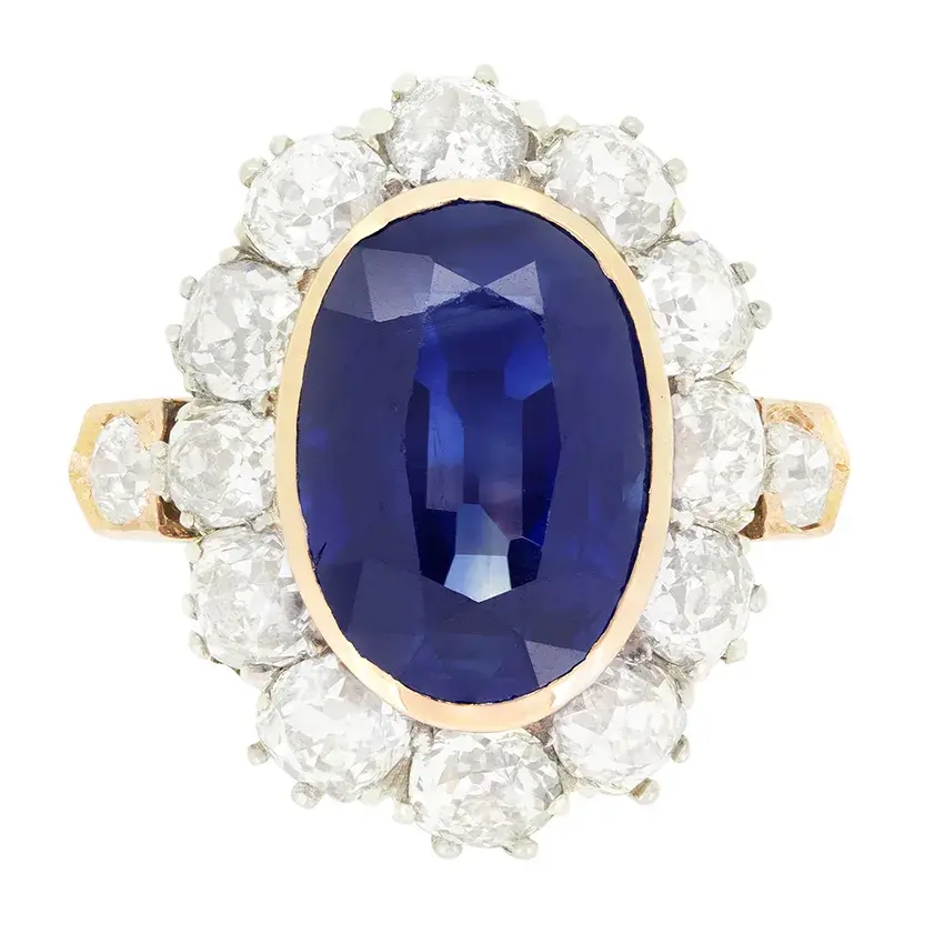 Edwardian 4.80ct Sapphire and Diamond Cluster Ring, c.1910s