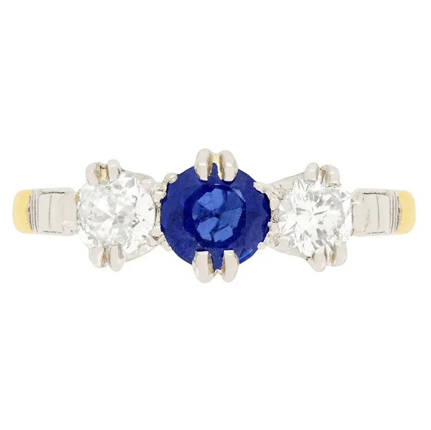 Late Art Deco Sapphire and Diamond Three Stone Ring, c.1930s