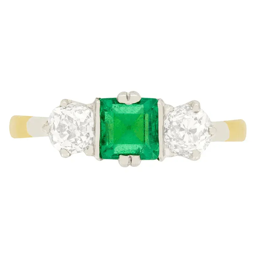 Edwardian 0.65ct Emerald and Diamond Three Stone Ring, c.1910s