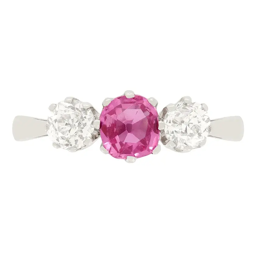 Art Deco Pink Sapphire and Diamond Three Stone Ring, c.1920s
