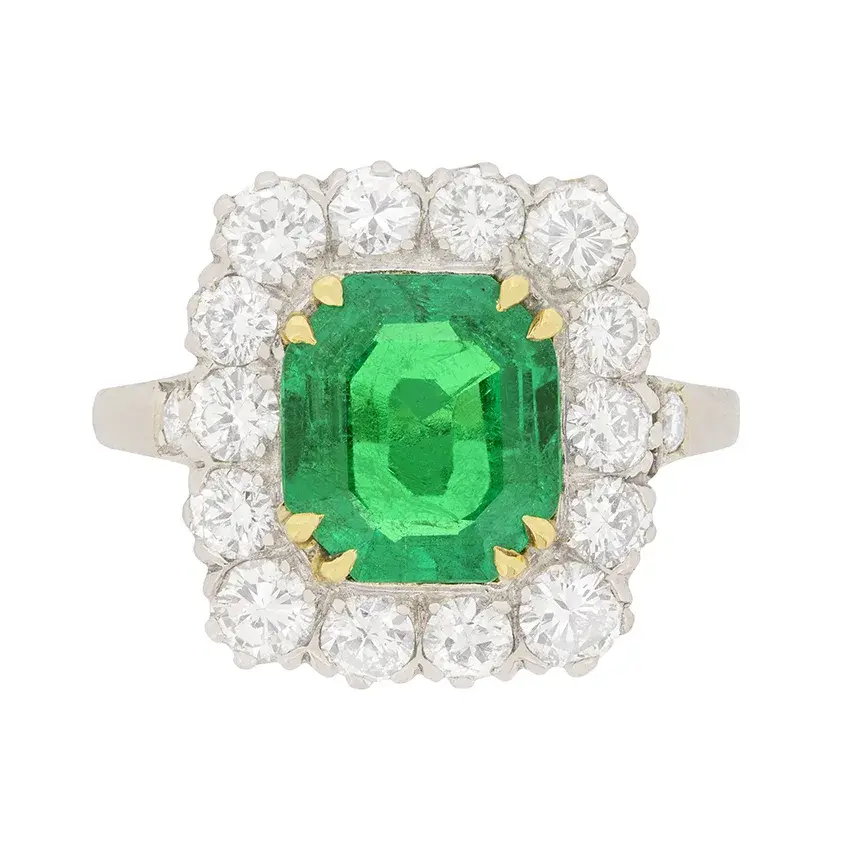 Late Art Deco 2.18ct Emerald and Diamond Cluster Ring, c.1930s