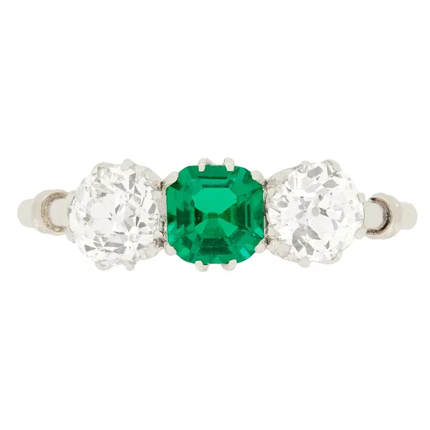 Art Deco 0.60ct Emerald and Diamond Three Stone Ring, c.1920s