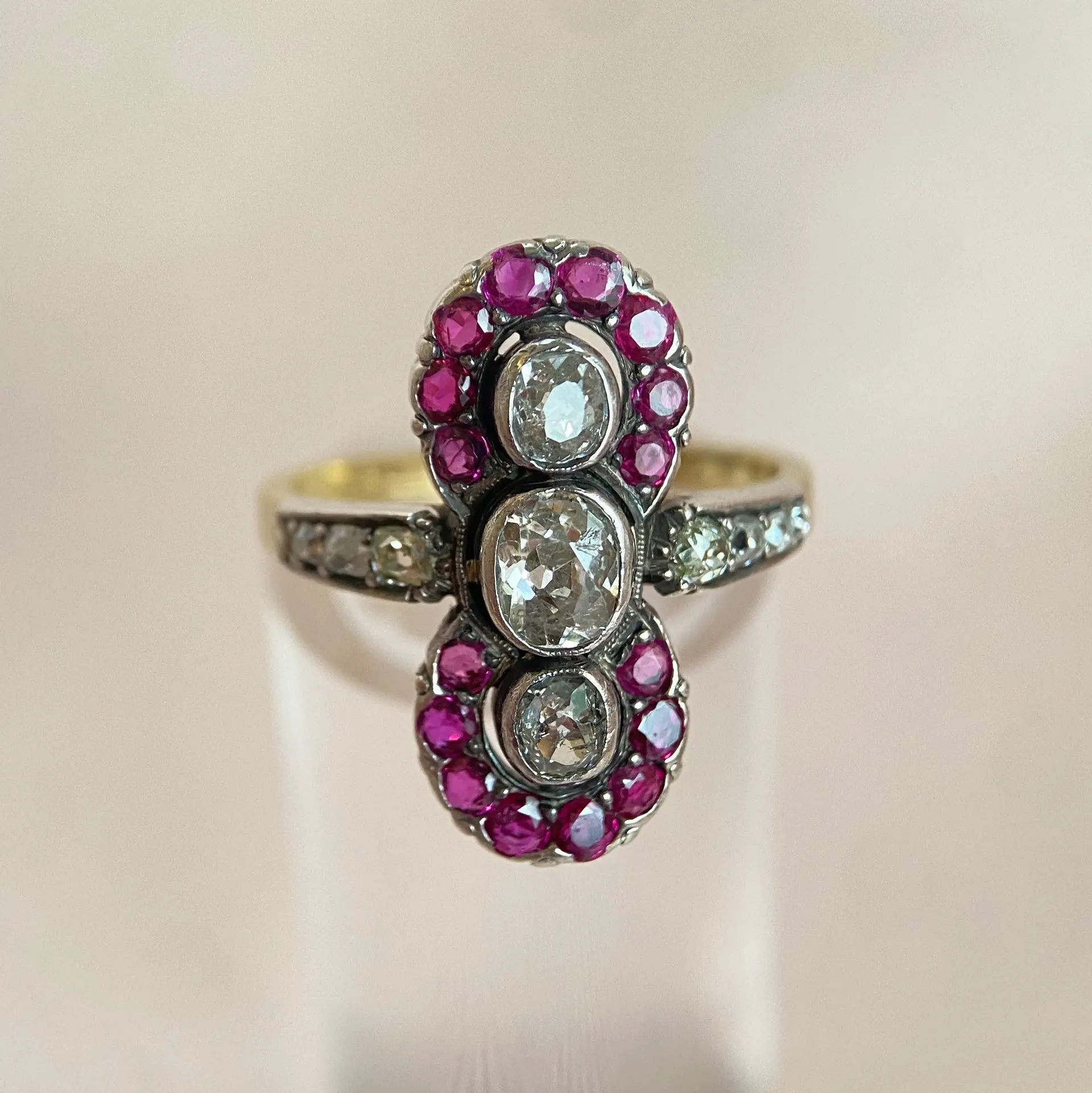 Antique diamond ring totaling 1.10 ct with rubies: “Trinity’s Old