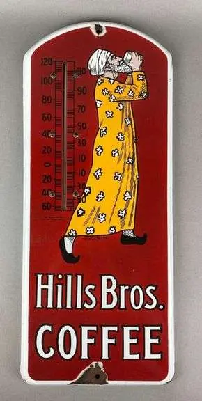 Vintage 1940s Hills Bros Coffee Ceramic Thermometer Advertising Sign