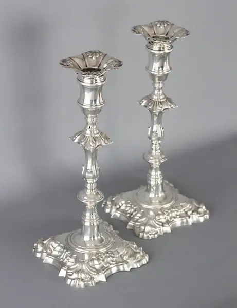 A Very Fine Pair of Georgian Cast Silver Candlesticks by John Cafe London 1757