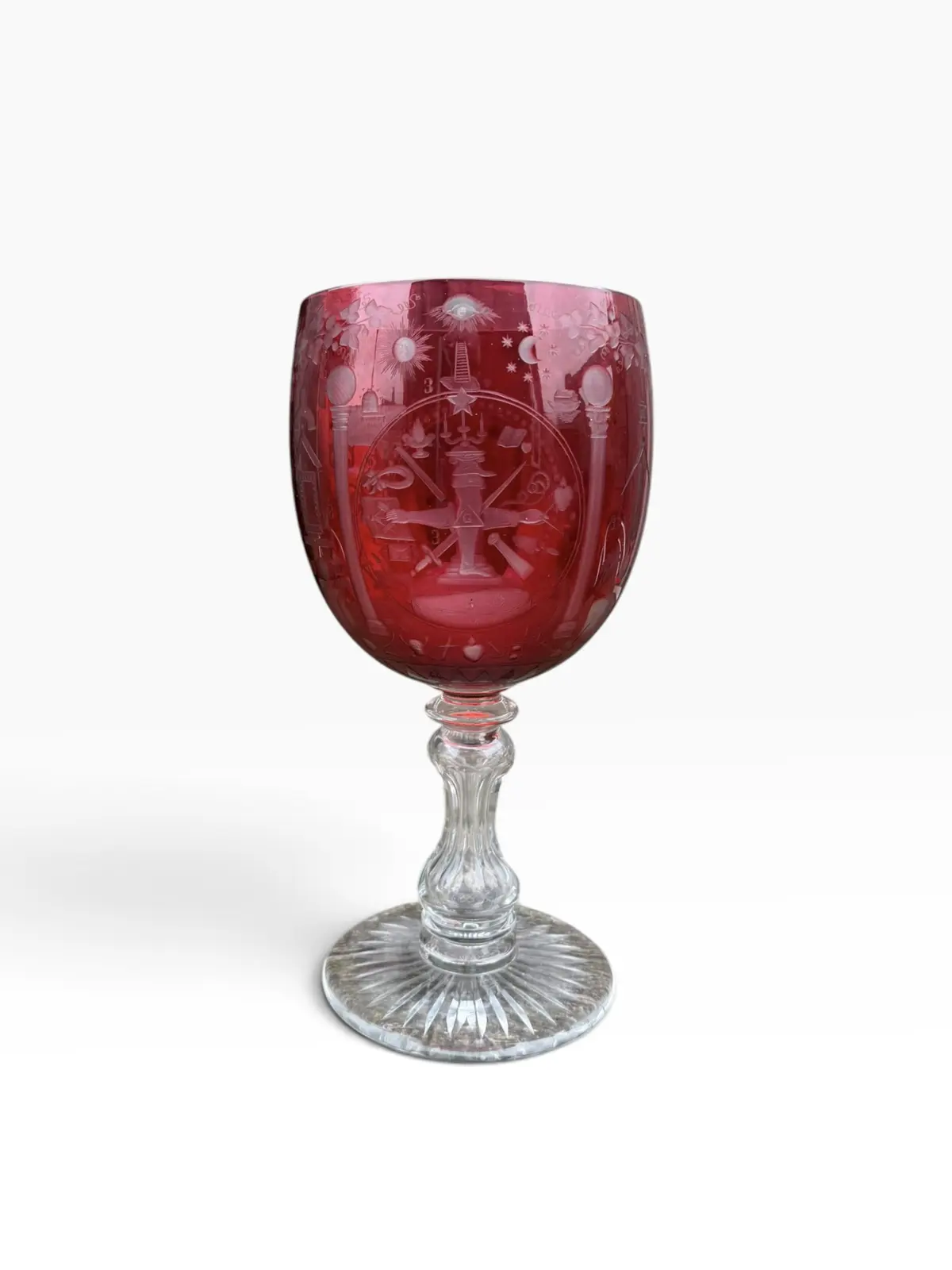 A large cranberry glass Masonic goblet, c. 1880.