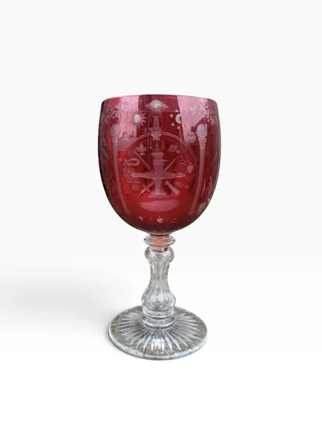 A large cranberry glass Masonic goblet, c. 1880.