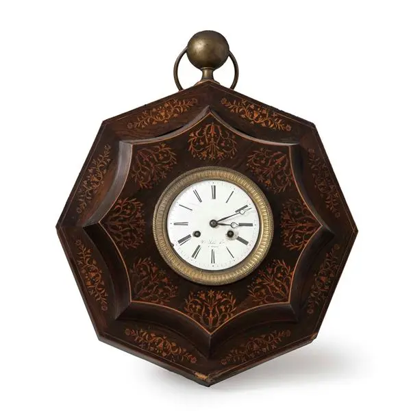 Orologio da parete in legno intarsiato