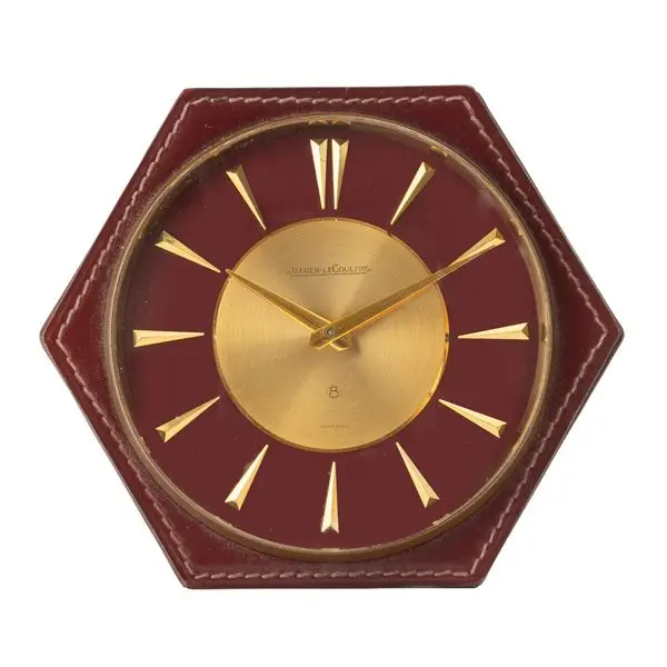 Orologio da tavolo esagonale in ottone e pelle, quadrante bitonale